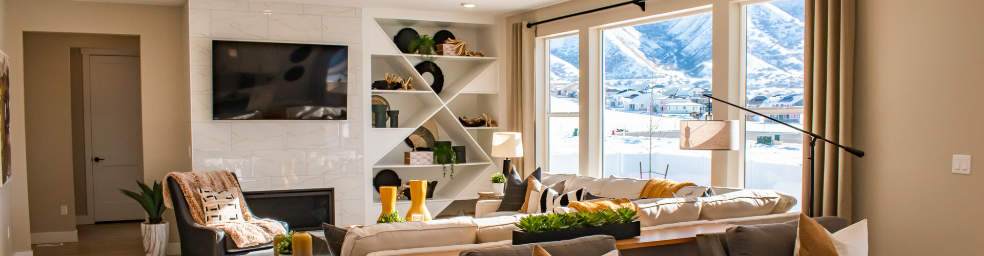 A living room with a fireplace.