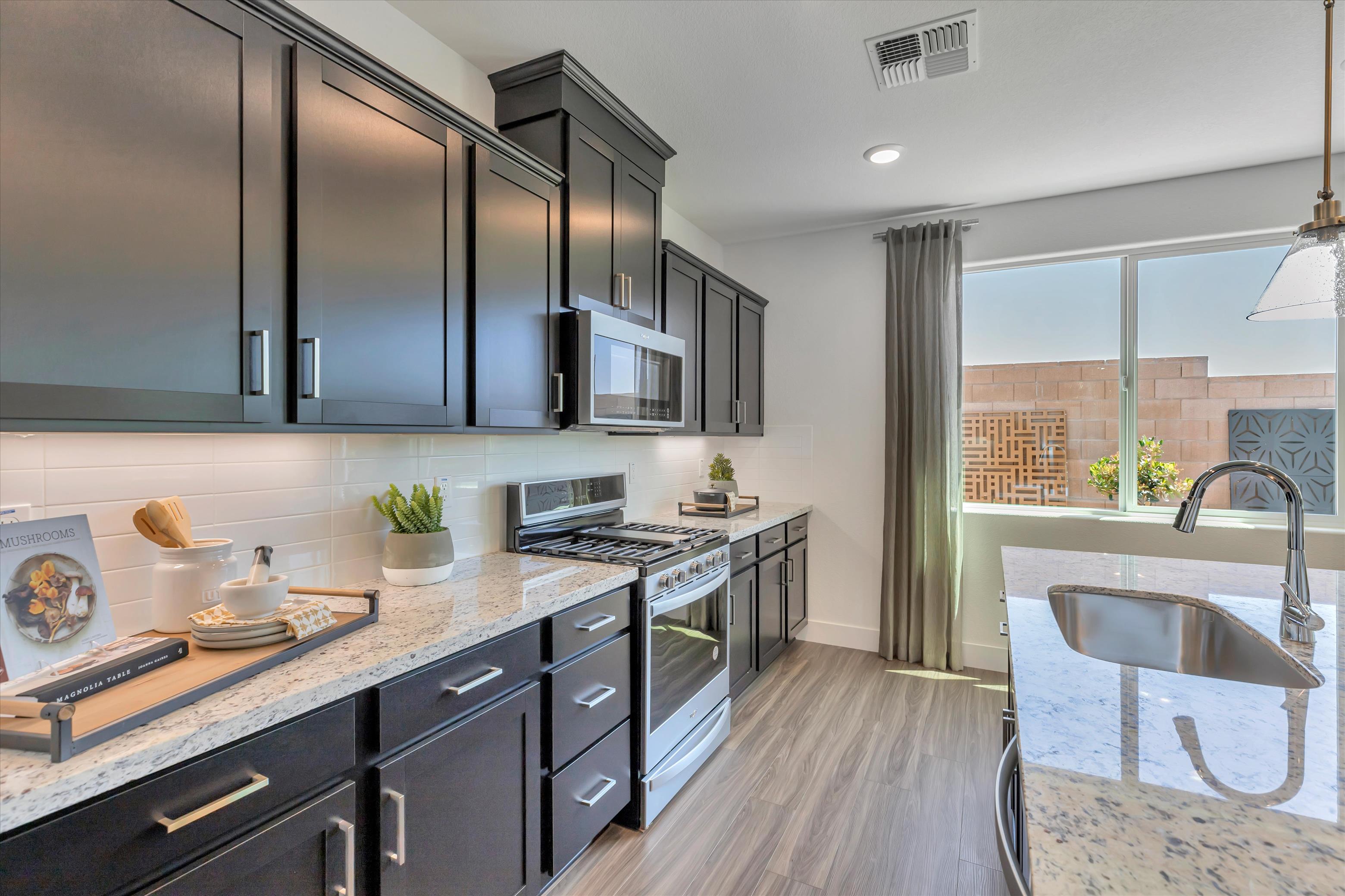 A kitchen with black cabinets.