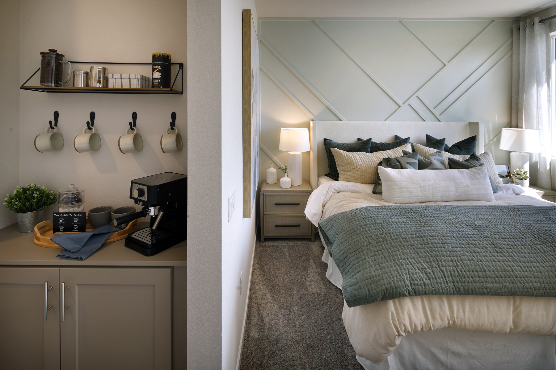 A bedroom with a bed and a desk.