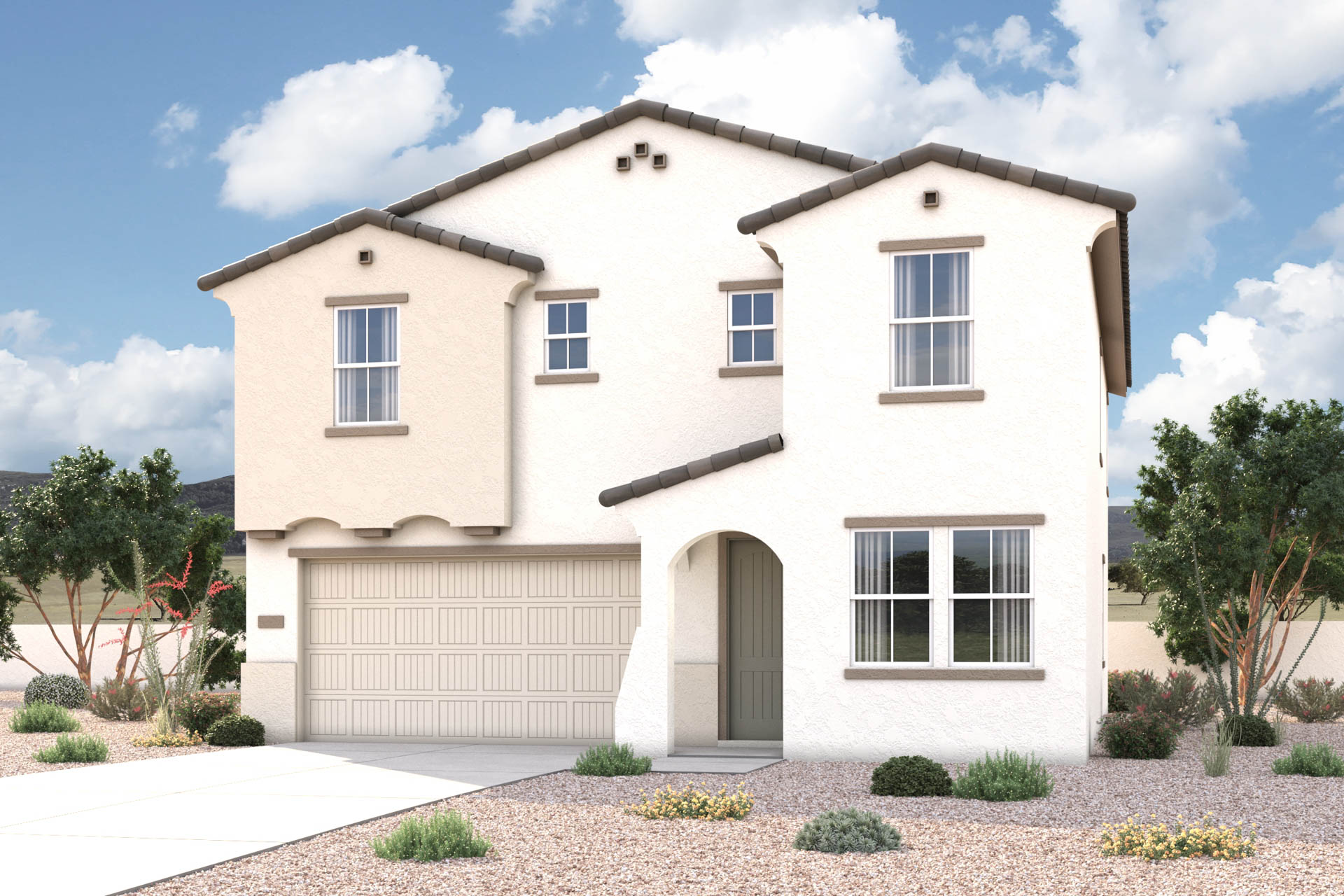 Spanish exterior elevation rendering of 2 story 3-5 bedroom New Home floor plan in Maricopa AZ USDA Loan VA Loan Eligible Near 347 with community amenities near park