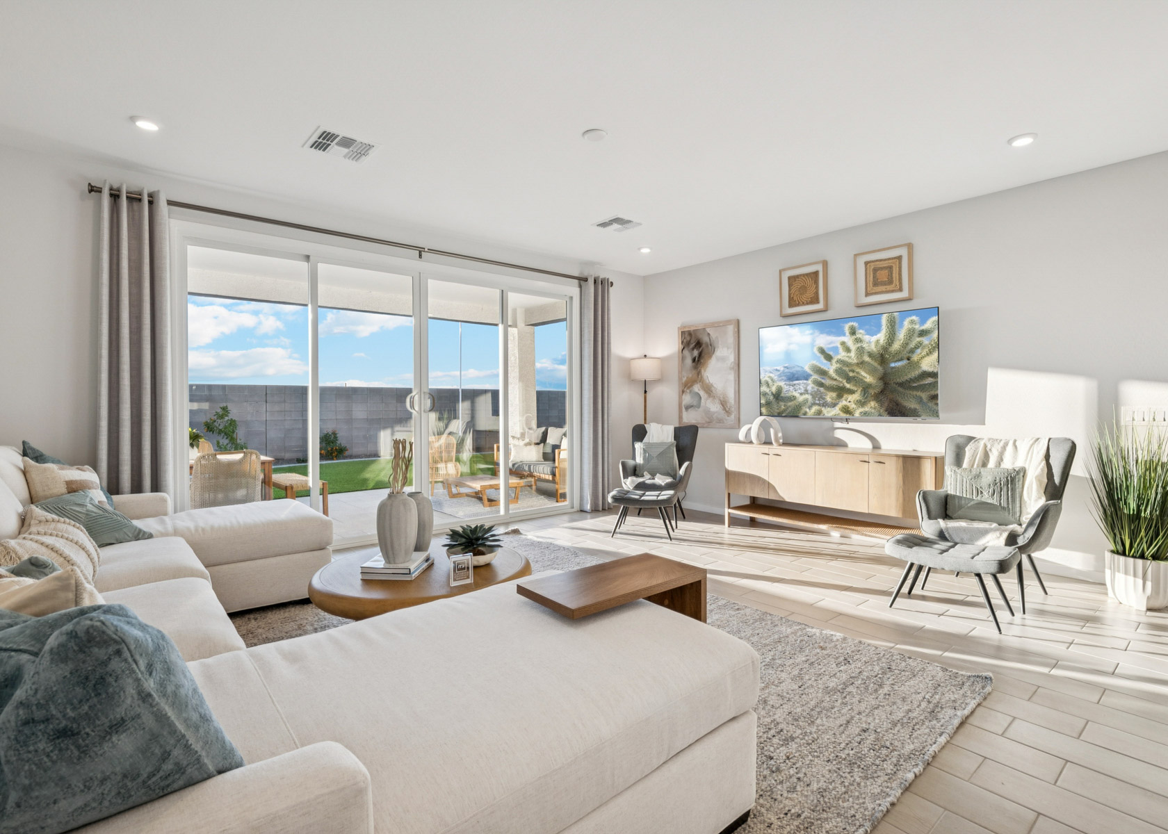 A living room with a large window.
