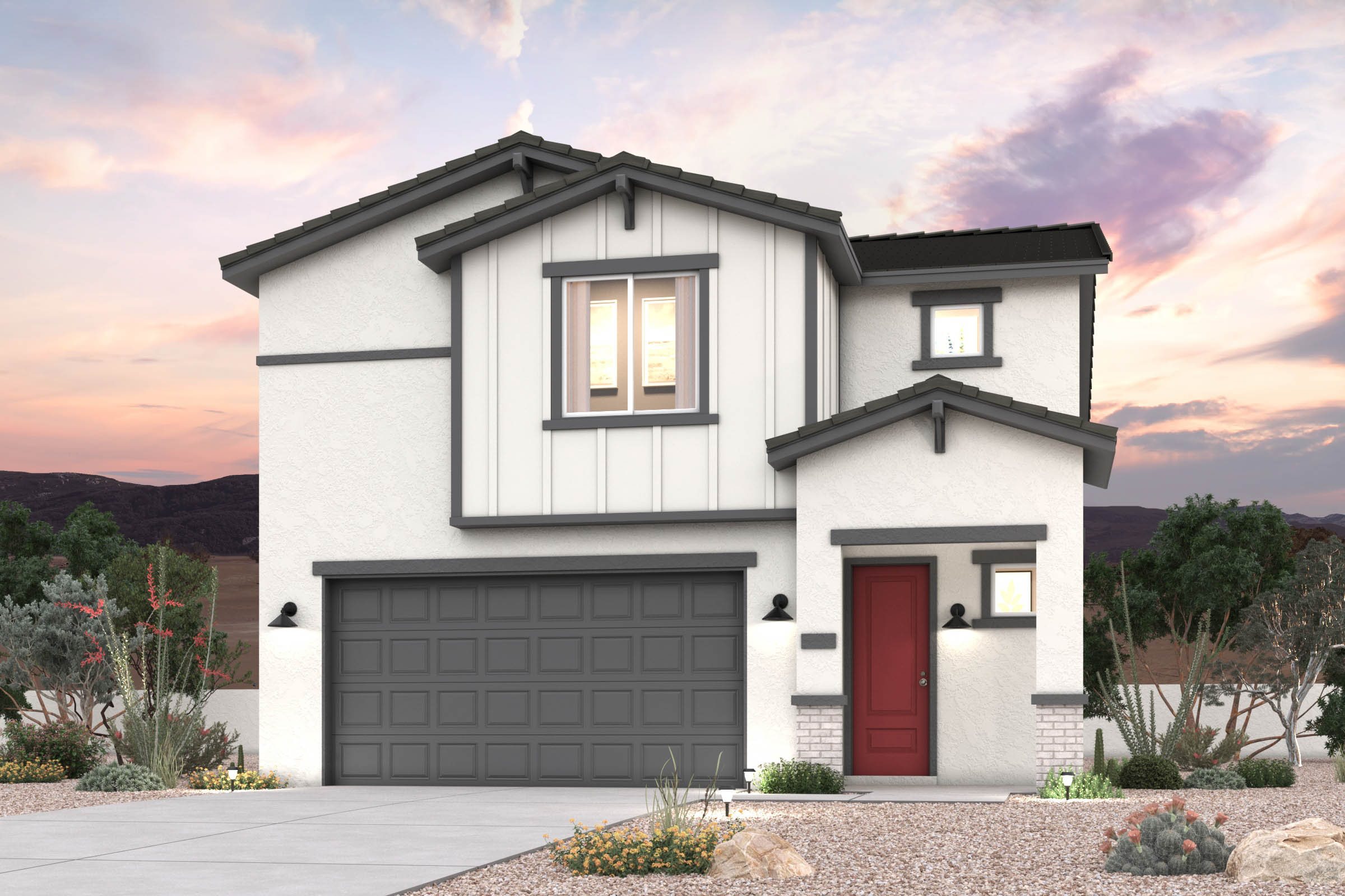 Twilight rendering of front of new home for sale in San Tan Valley, AZ at Skyline Village the Highlands Collection by Century Communities with 2 car garage.