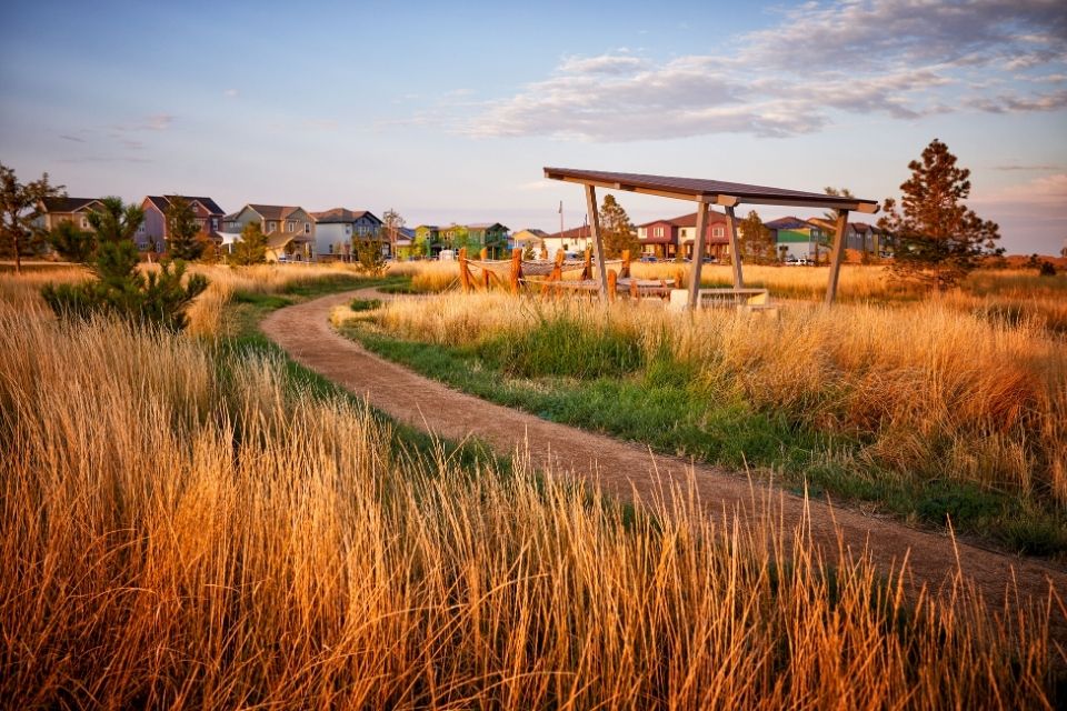 A dirt road with grass and a wooden structure on the side.