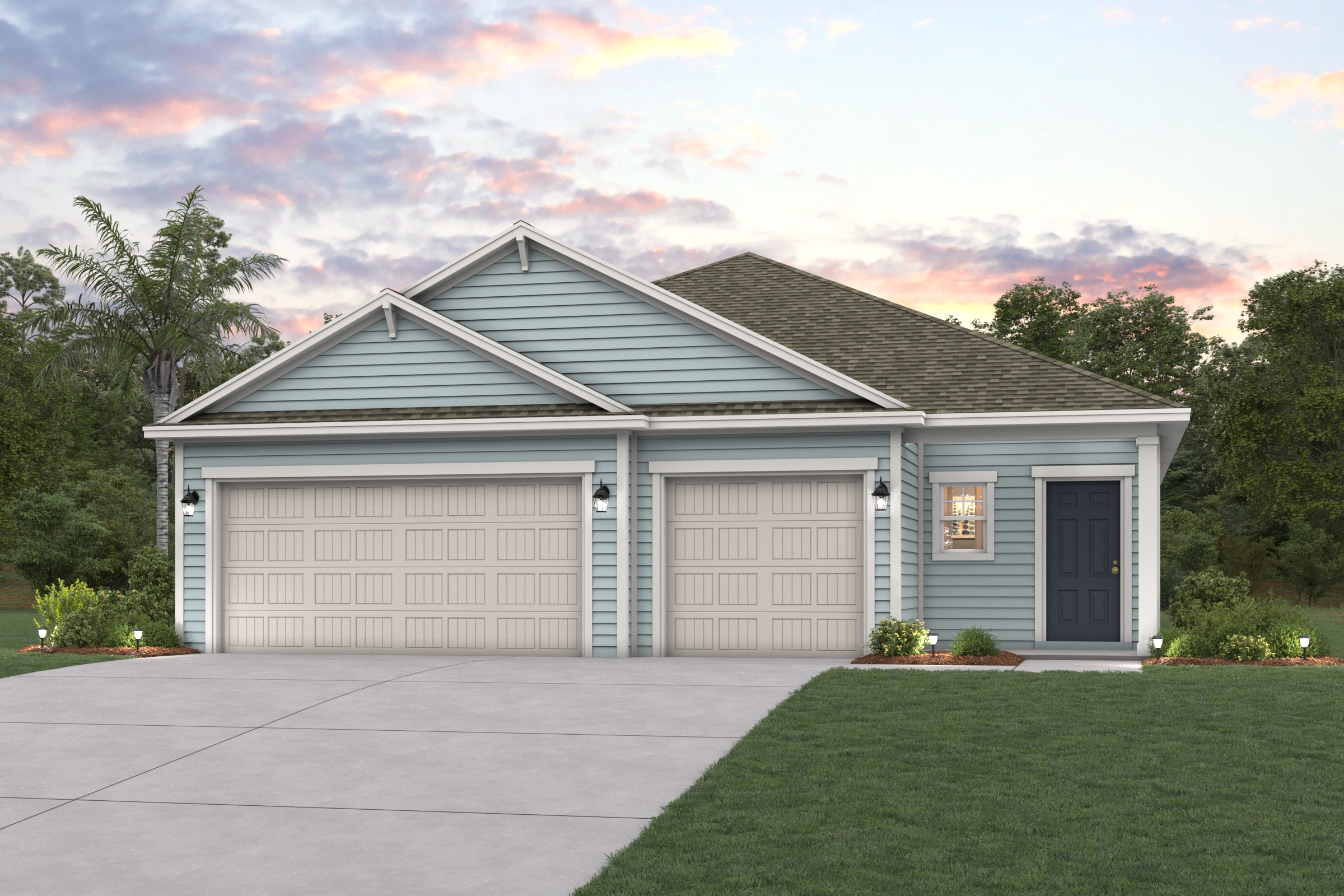 A house with garages and trees.