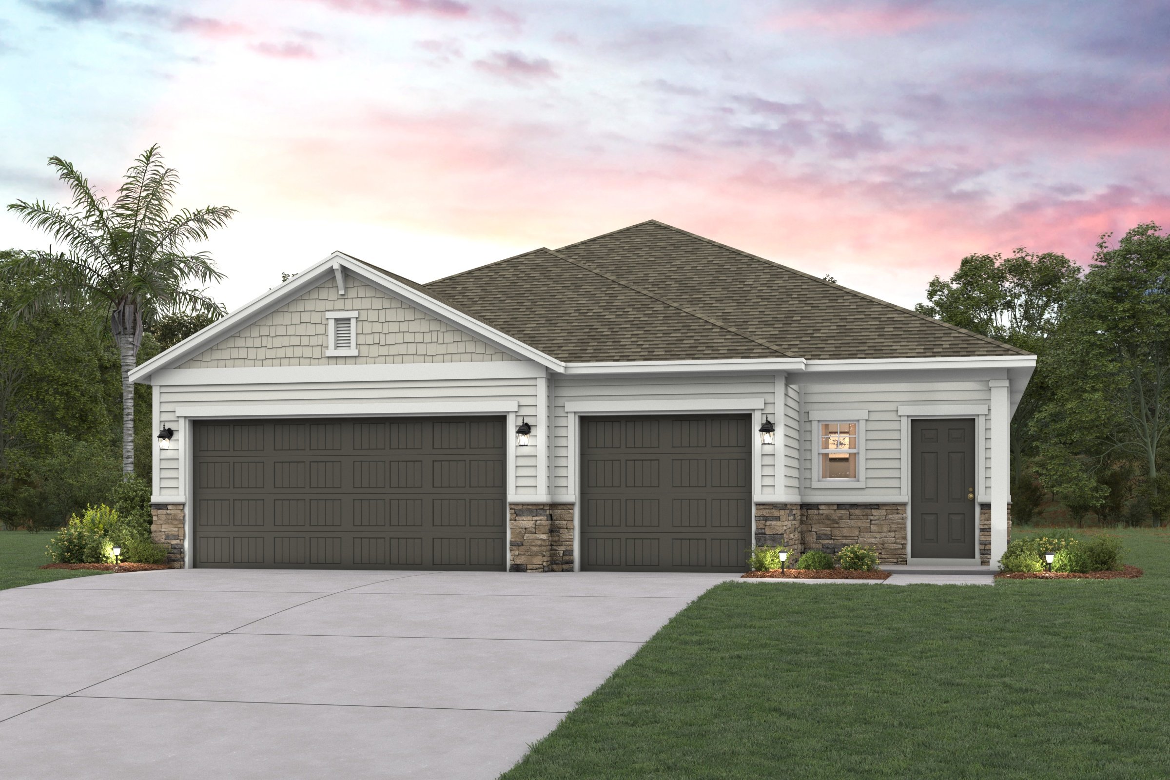 A house with garages and trees.