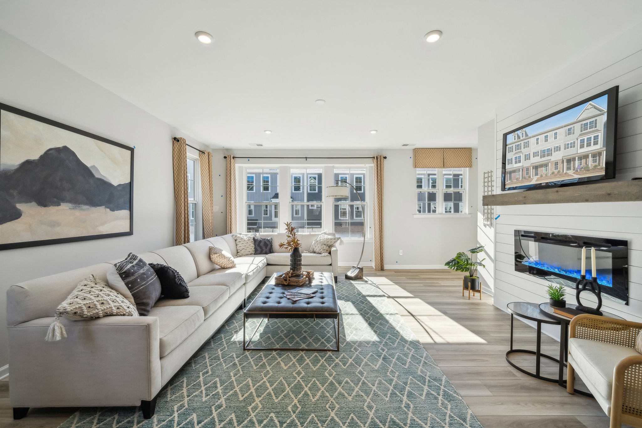 A living room with a fireplace.