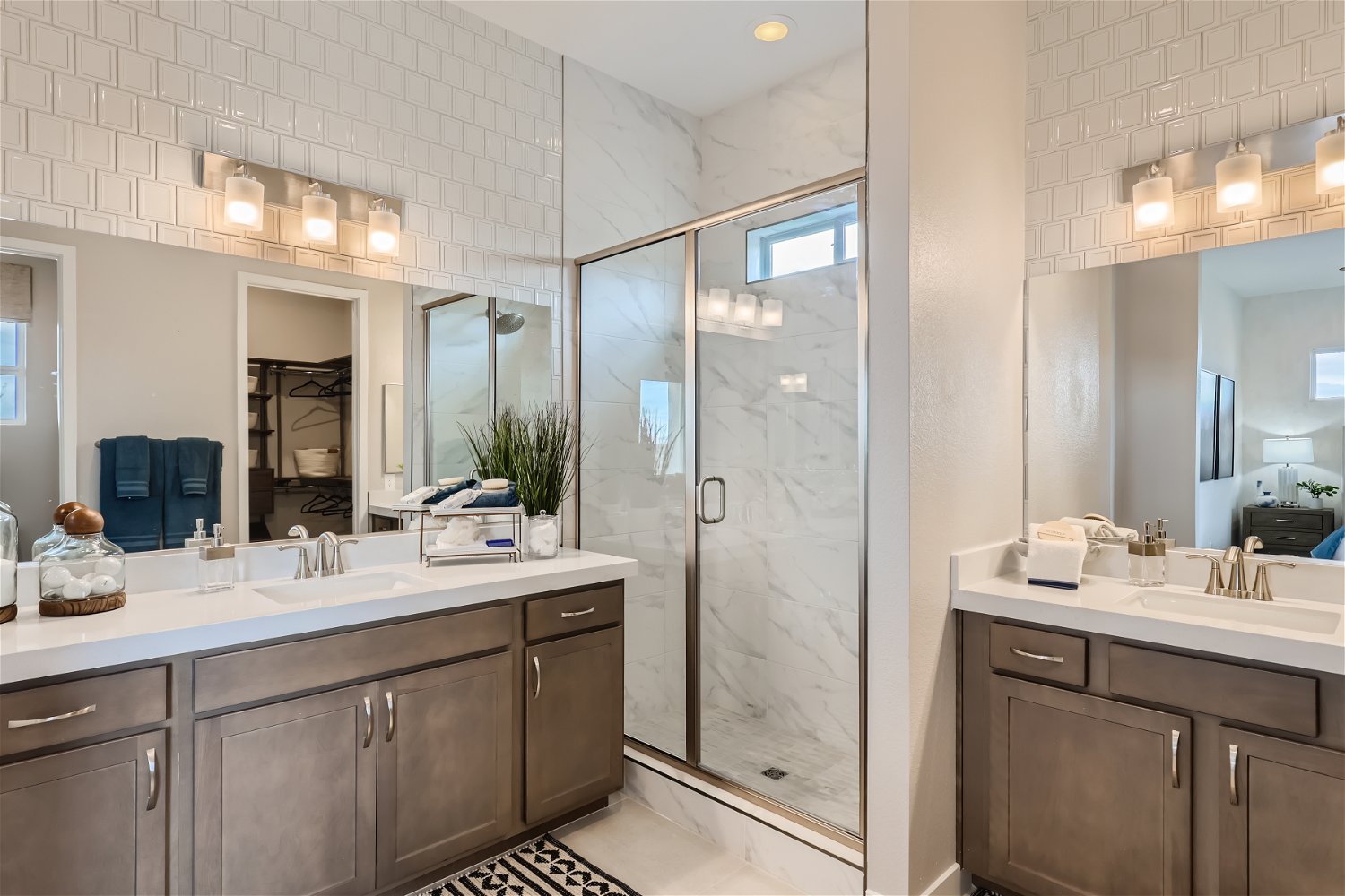 A bathroom with a glass shower.