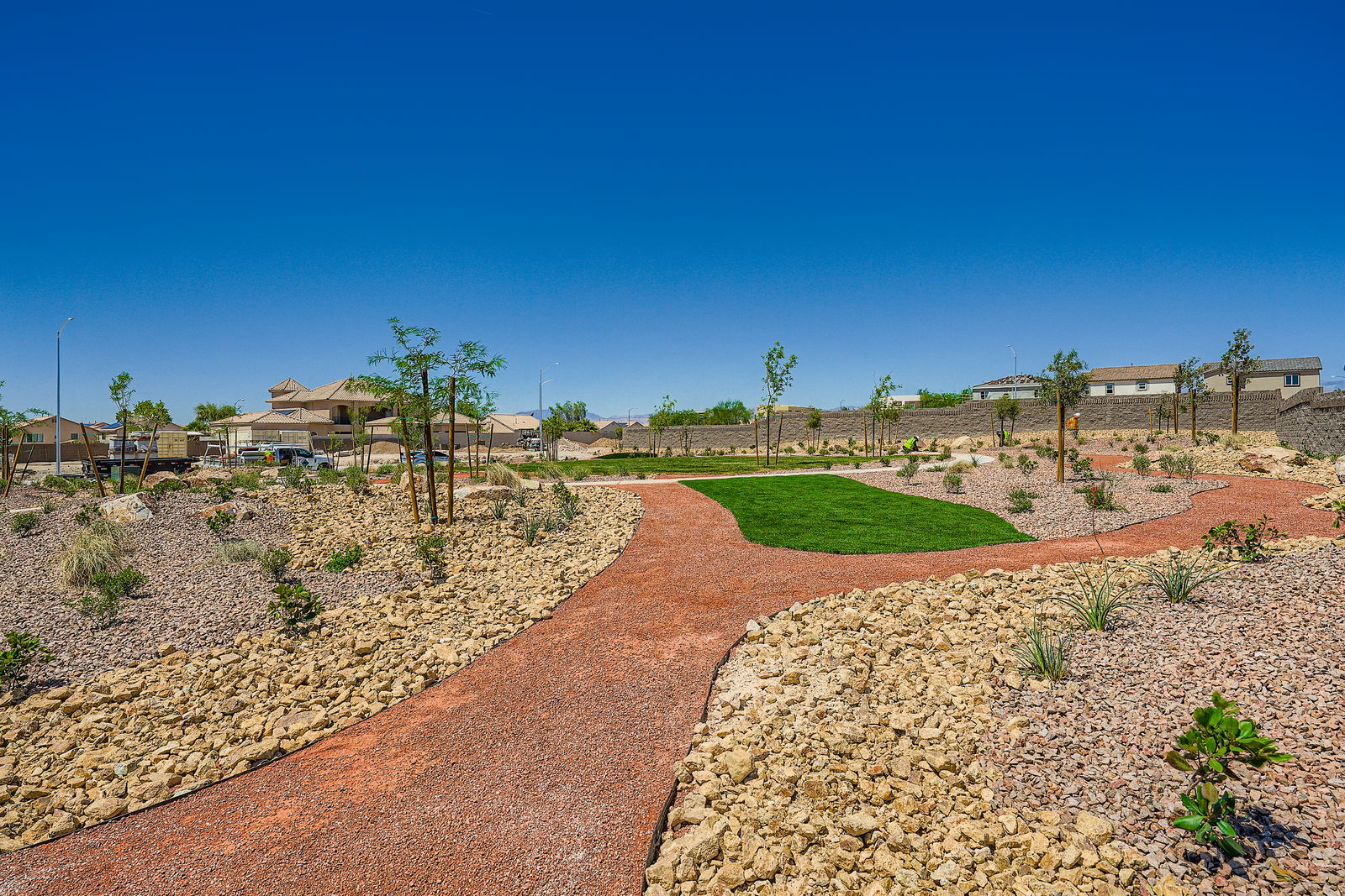 A dirt road with trees and grass.