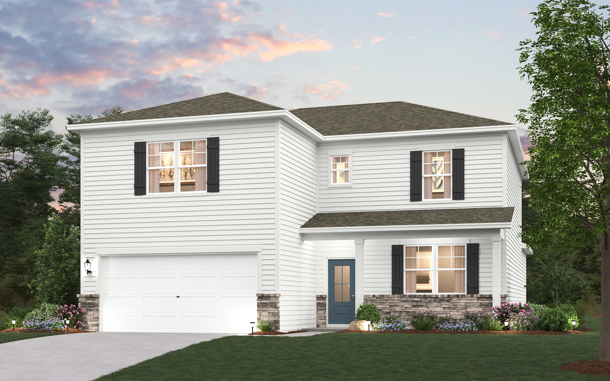 A white house with black shutters.