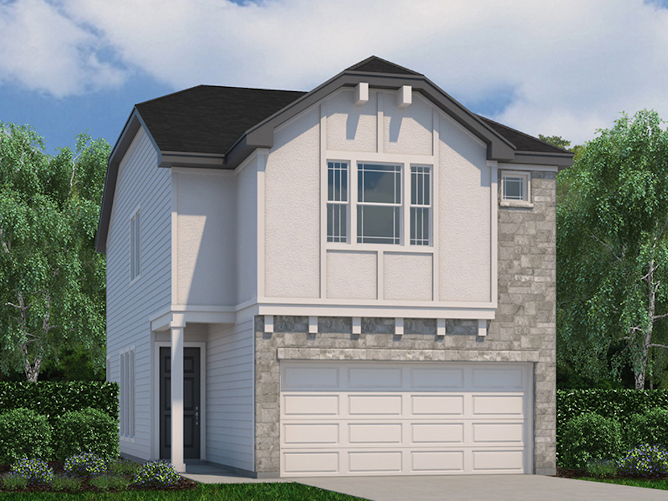 A grey house with a garage.