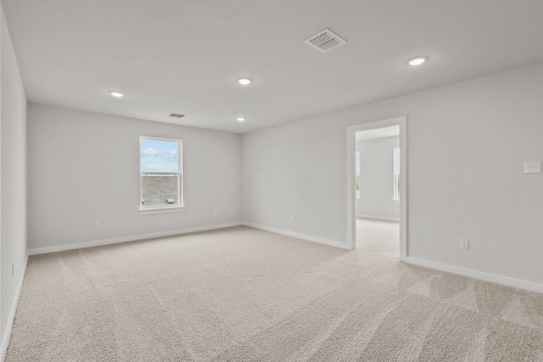 A room with a carpet and a door.