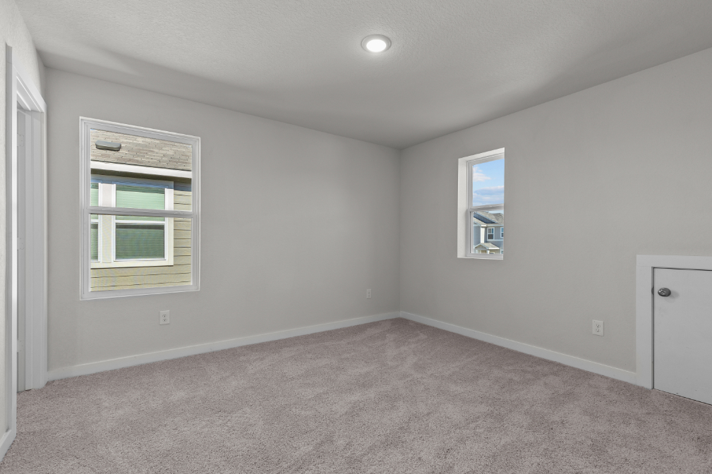 A room with a carpet and windows.