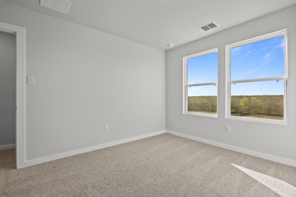 A room with a carpet and windows.