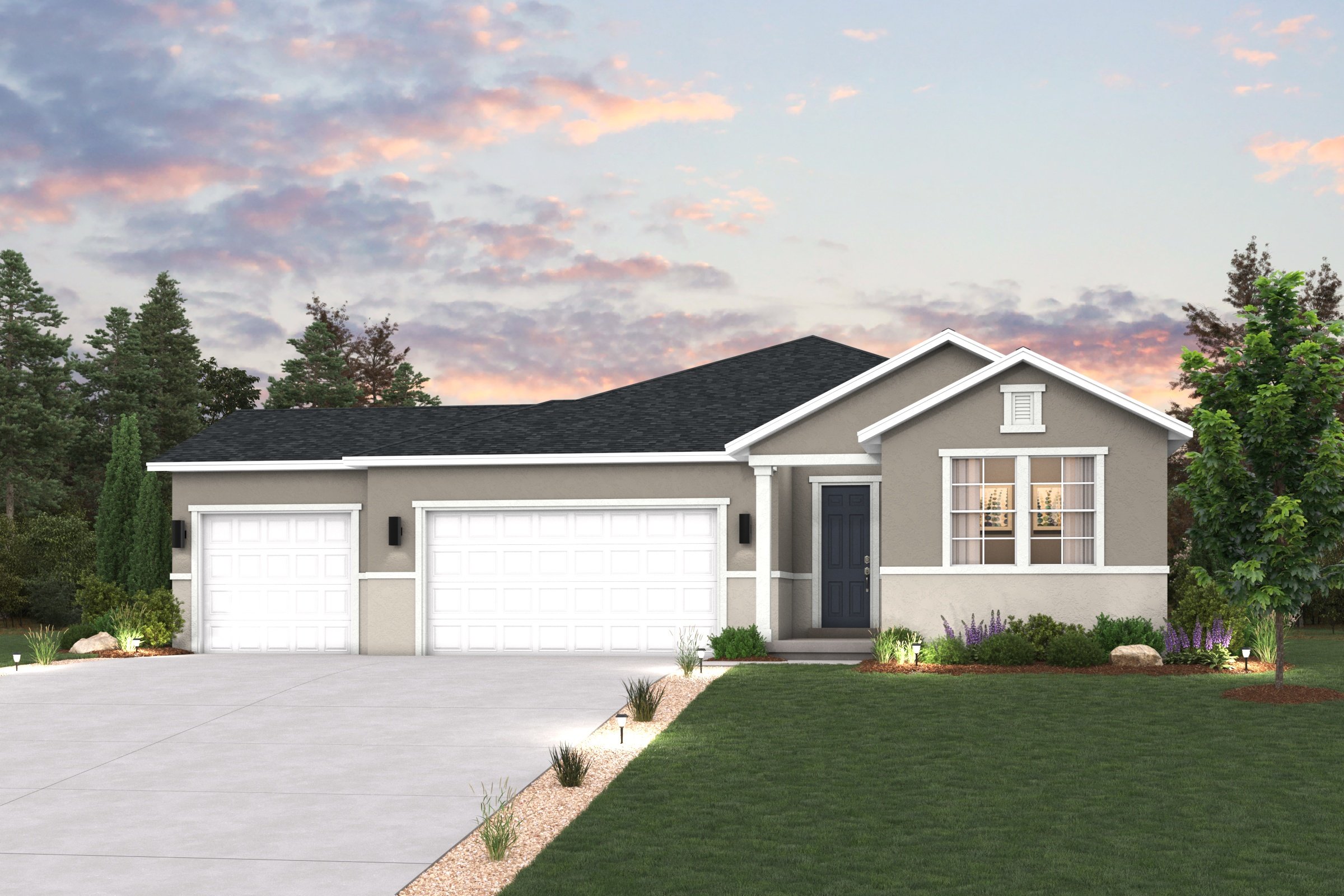 A house with a driveway and a lawn in front of it.