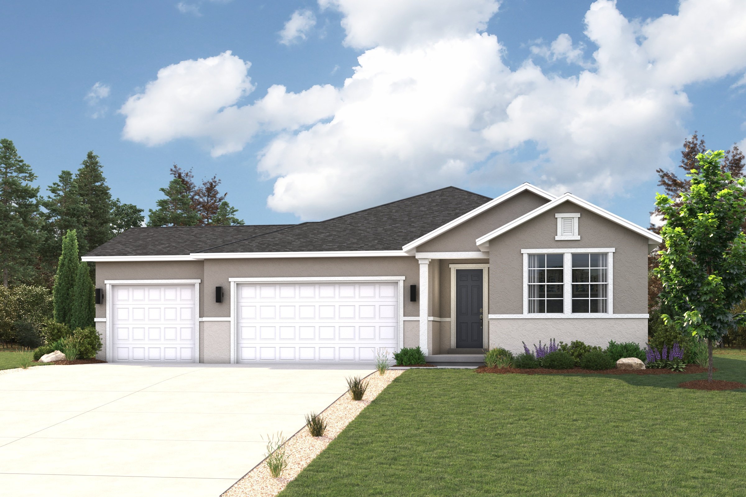 A house with a driveway and a lawn in front of it.