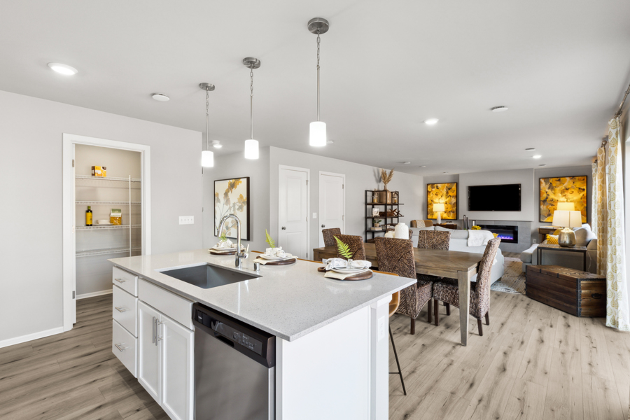 A kitchen with a large island.