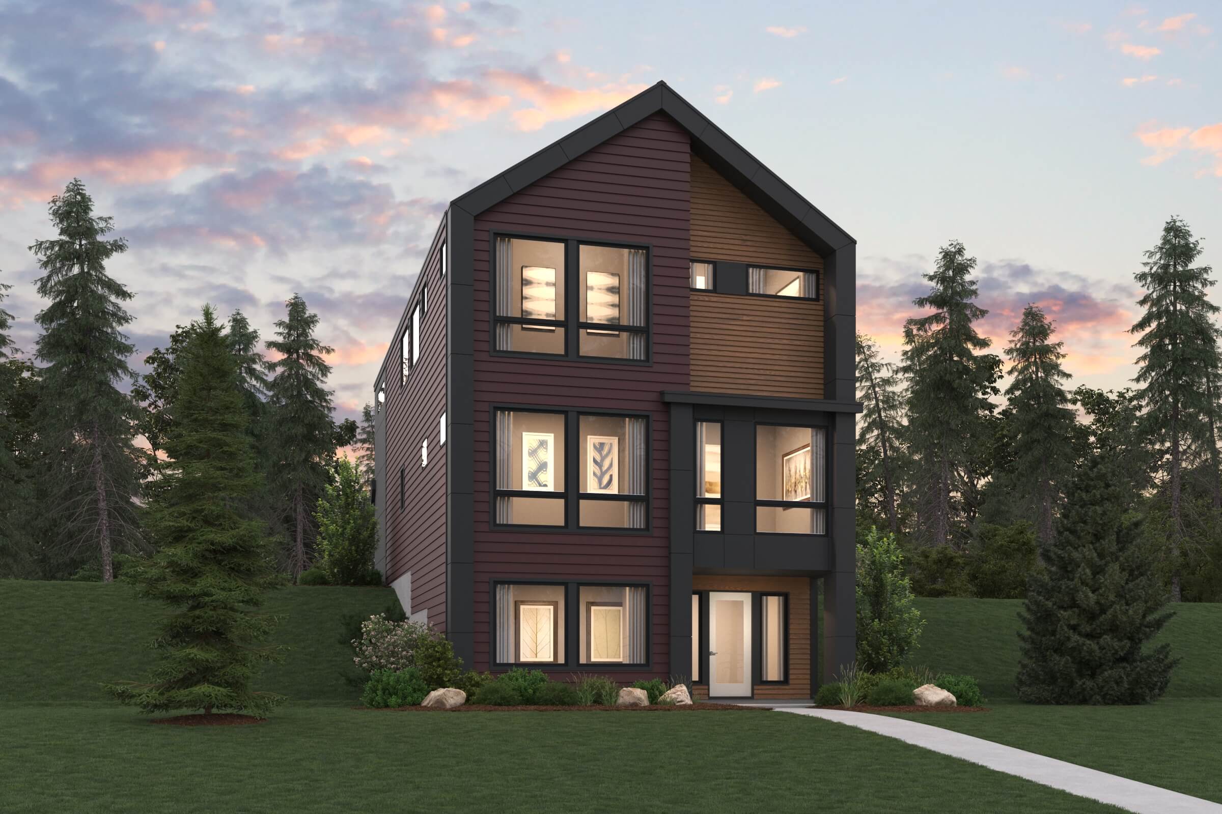 A house with a lawn and trees in the front.