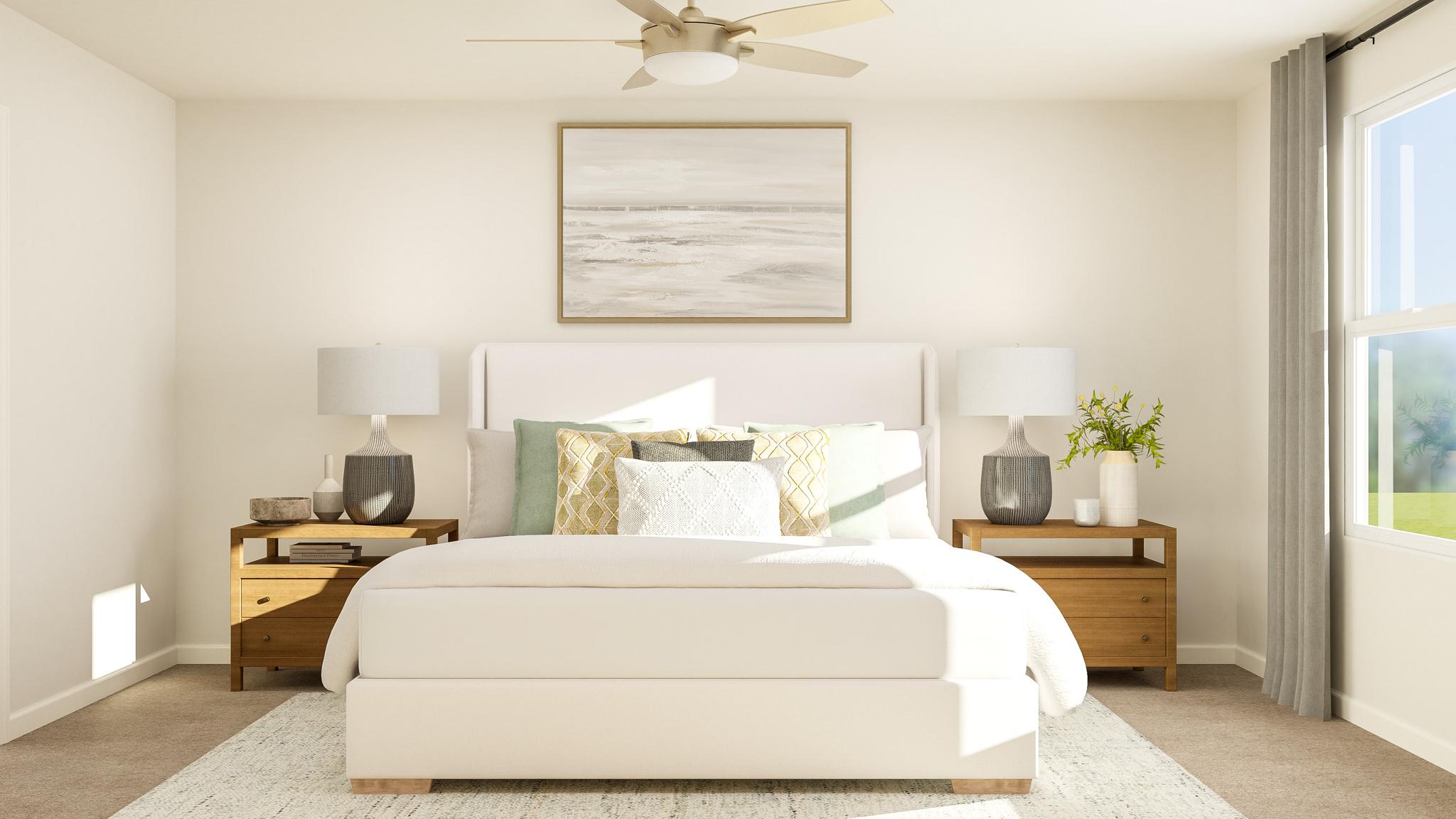 A bedroom with a bed and lamps.