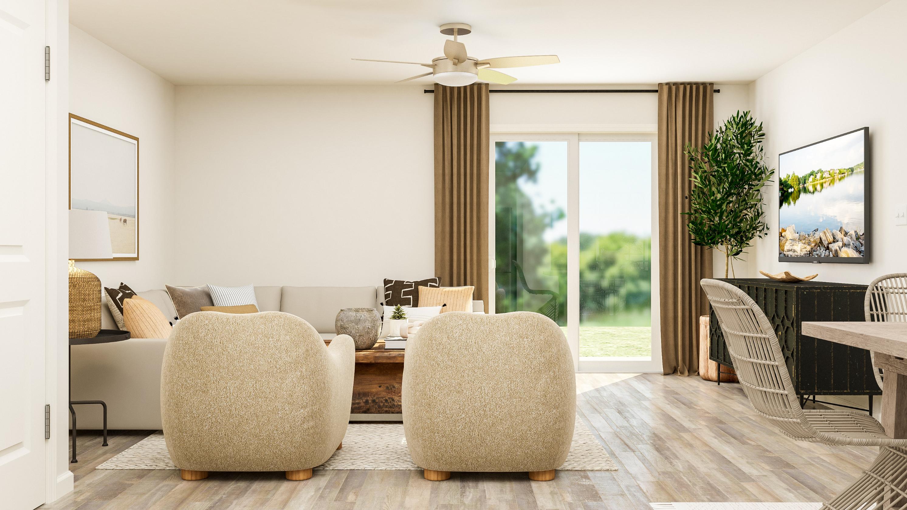 A living room with a large window.